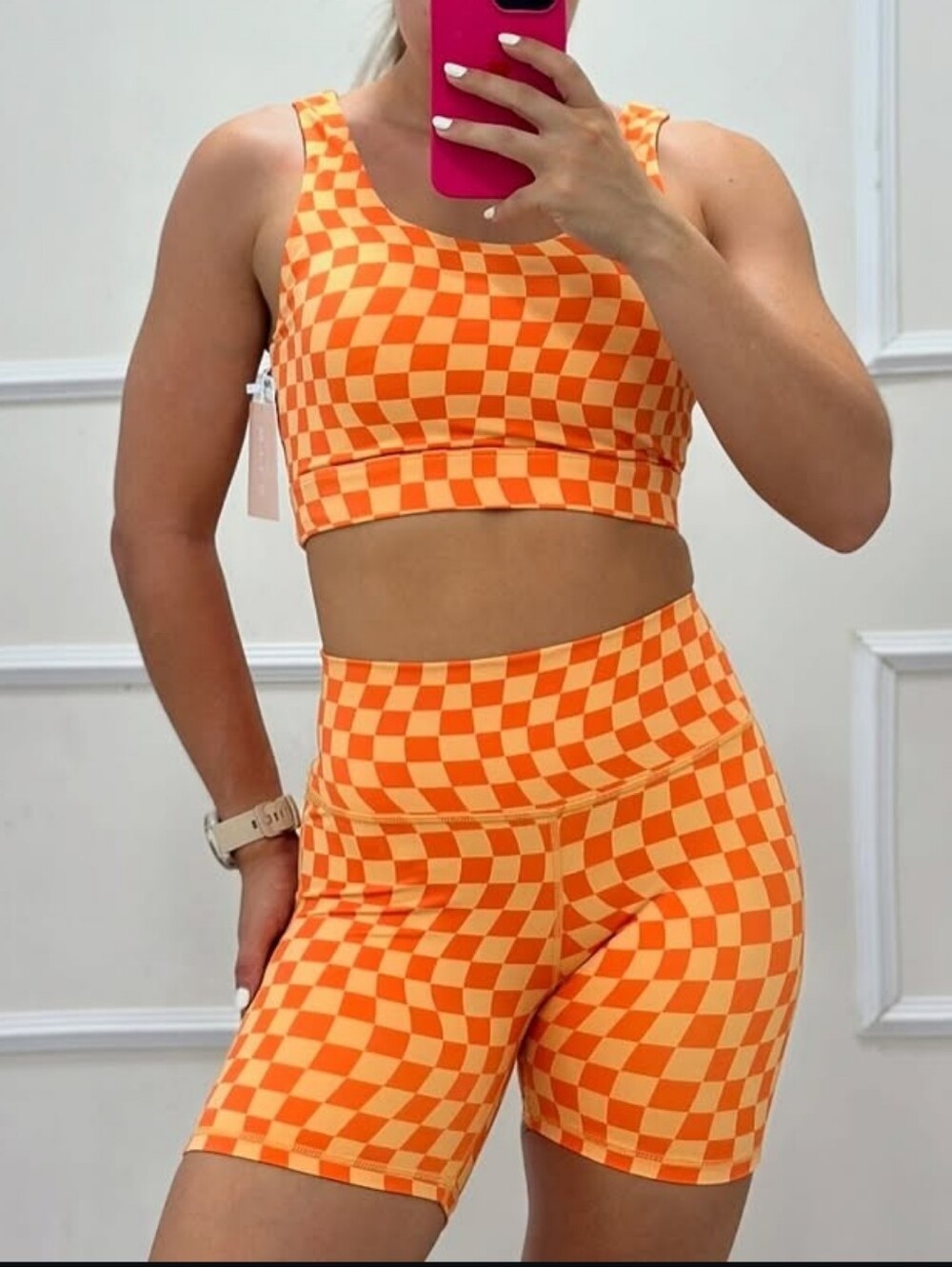 WILO The Label, Set w/High-Waist Bike Shorts And Bra Top, Orange Checker, Small